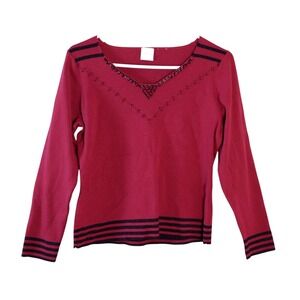 Emma‎ James Women's Top Sz L Beaded Red Long Sleeve V Neck Geometric Patterns